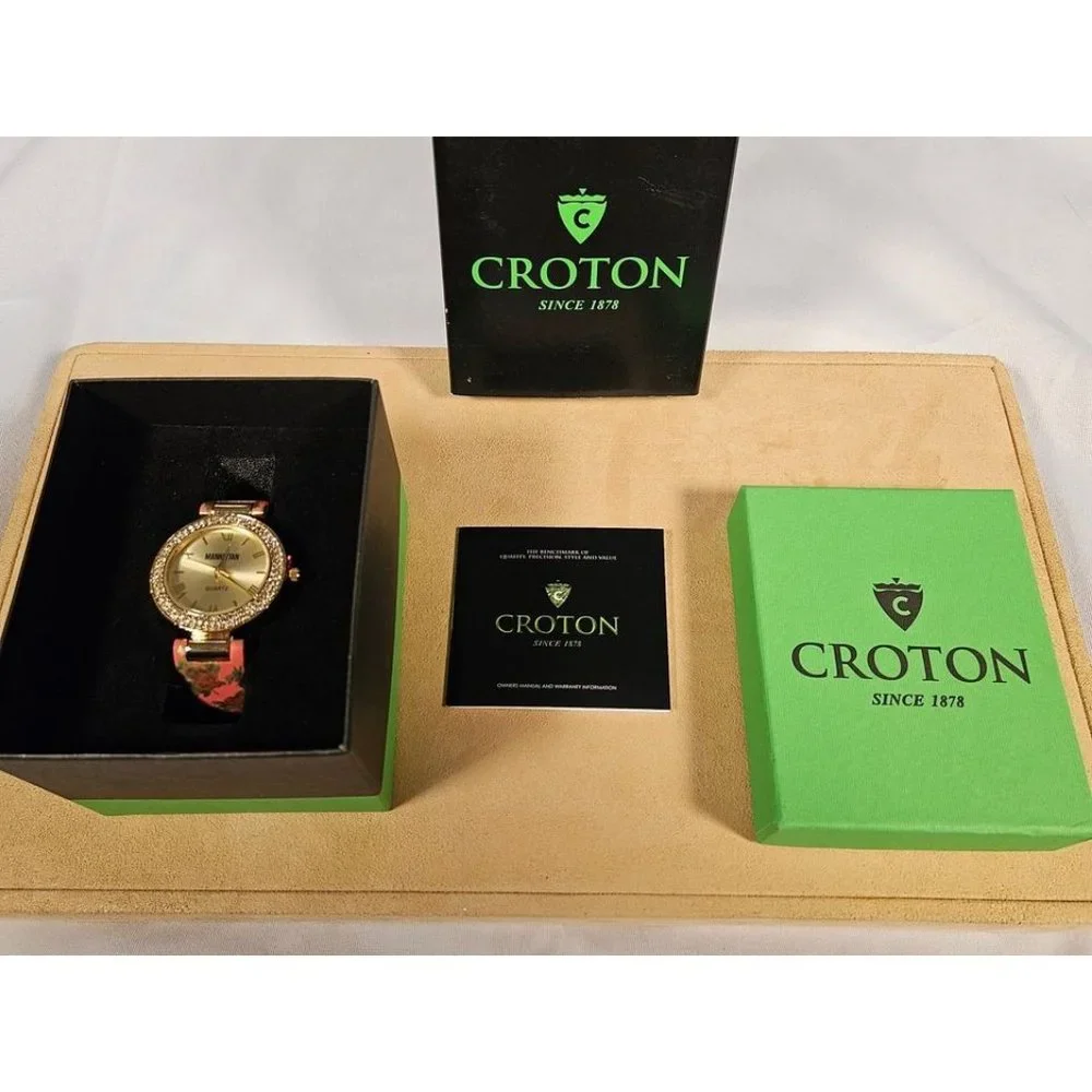 Women's Croton Manhattan Watch, Gold‎ Tone Rhinestone Bezel - NIB